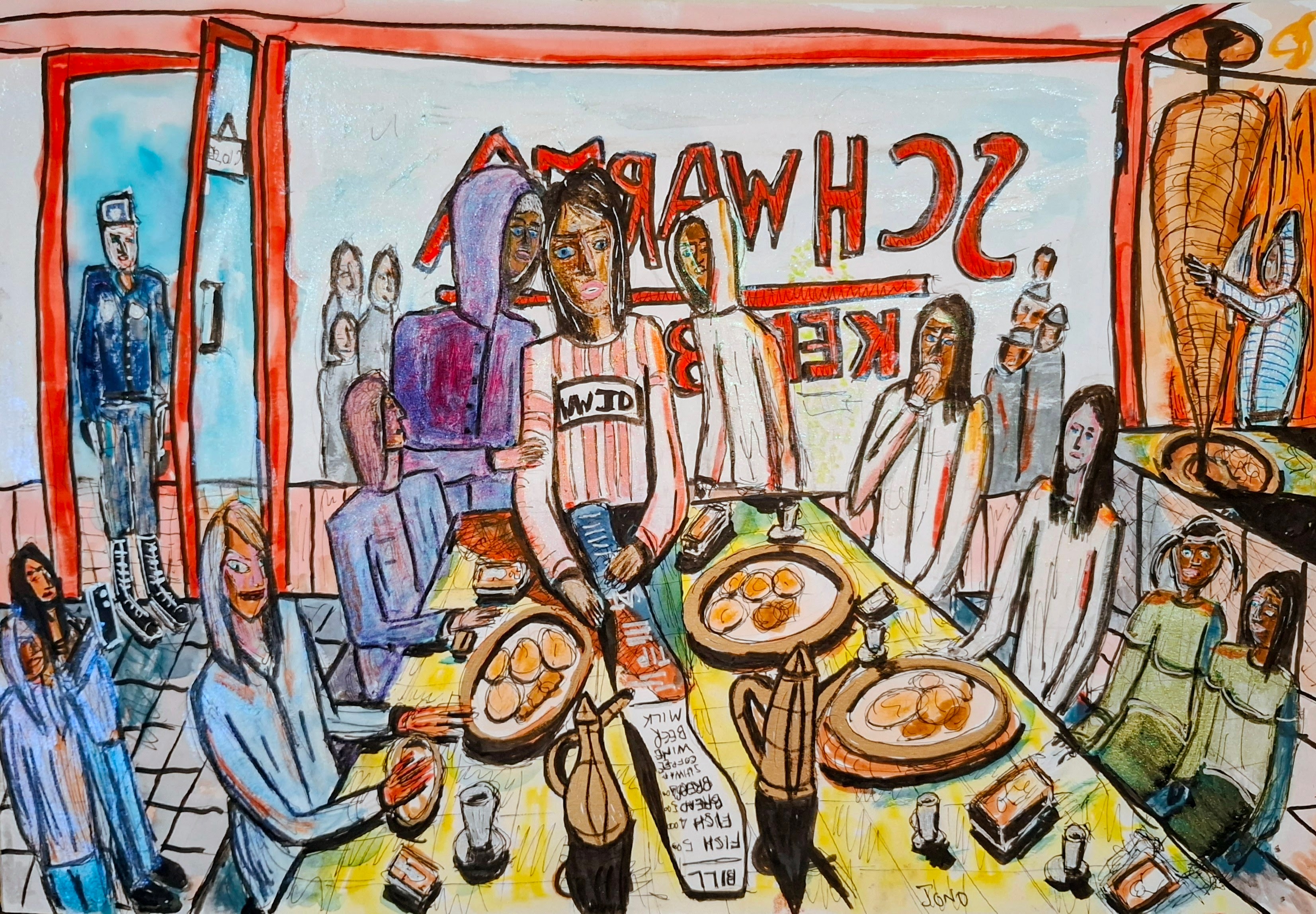 The Reckoning 2, a watercolour of a shawarma shop seen in mirror image, the itemised bill lying on the table among plates of food while the diners around it carry on eating